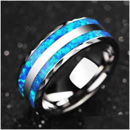 Wedding Rings Wedding Rings 8Mm Mens Siery Blue Opal Inlay Stainless Steel Ring Beveled Eage Colorf Abalone Shell Men Bandwedding Drop Dhgfq