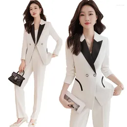 Women's Two Piece Pants Office Ladies Business Work Wear Pant Suit Women Long Sleeve Contrast Color Blazer And Trouser Black White Formal 2