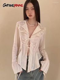 Women's Blouses Genayooa Fairycore Lace Up Blouse Women Long Sleeve Spring 2023 Turn-down Collar Shirt Ladies Tops Korean Fashion