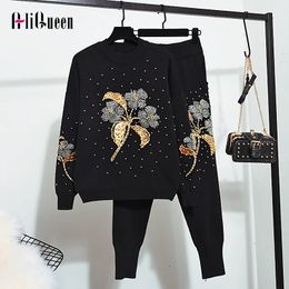 Women s Two Piece Pants Spring Autumn Luxury Women Embroidered Flares 2 Set Tracksuit Knitted Sweater Tops Casual Two Piece Outfits 231219