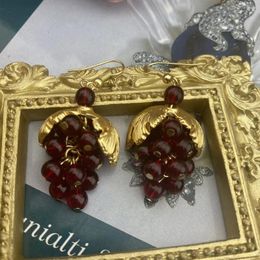 Stud Earrings Vintage Red Grape Leaf Glass Small Fringe