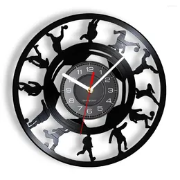 Wall Clocks Vintage Football Players Silhouette Record Clock Soccer Kicking Ball LP Watch Sports Art Decoration