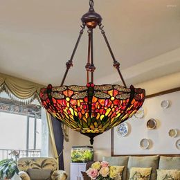 Chandeliers Style Ceiling Chandelier 16" Vintage Stained Glass And Gemstone Dragonfly Design Counter Dining Room