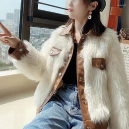 Women's Fur Women Faux Mink Spliced PU Coat Winter Hair Jacket Turn Down Collar Leather Outwear Single Breasted Streetwear