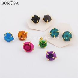 BOROSA 5Pairs Fashion Gold Bezel Claw dom Rainbow Natural Solar Quartz Stone Stud Earrings Jewellery Young Style WX1084328t