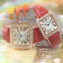 Crime Premium Mens Women Lovers Watches Quartz Movement Time Clock Genuine Leather Belt Diamonds Ring Square Roman Dial Three Pins243S