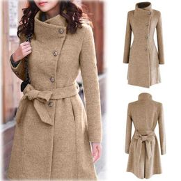 Women's Wool Blends 2020 Womens Winter Lapel Wool Coat Trench Jacket Long Sleeve Overcoat Outwear Abrigos Mujer Invierno 2020 Camel Coat Plus Size