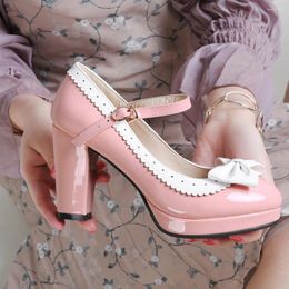 Dress Shoes Female Pumps Japanese Sweet Lolita Bow Women High Heel Mary Janes COS Student Girl Footwear Vintage Plus Size 32 44