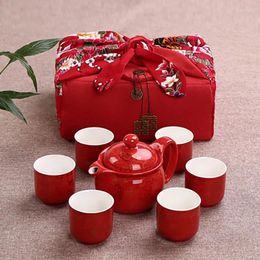 Teaware Sets Chinese Traditional Wedding Ceramic Tea Set Retro Red Double Happiness Teapot Cup Lywed Souvenir Gift Supplies