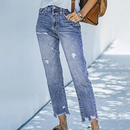 Women's Jeans Pants High Waist Straight Leg Denim Ripped Trousers Womens Casual Fashion Stretch Blue 2023