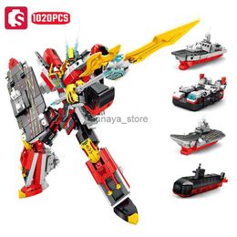 Model Building Kits SEMBO 4IN1 Battleship Transforming Mecha Building Blocks Kits MOC Steel Mech Series Warship Model Bricks Boys Toys Holiday GiftsL231216