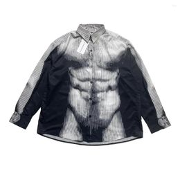 Men's Casual Shirts 2024 Men Striped Gradient Human Body Grailz Fashion Cotton Shirt High Pocket Long-sleeves Size S M L XL#741