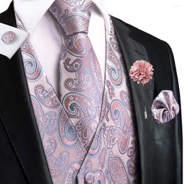 Men's Vests Hi-Tie Silk Mens Paisley Pink Brooch V-Neck Waistcoat Tie Hanky Cufflinks Sets For Male Suit Wedding Formal Business Party