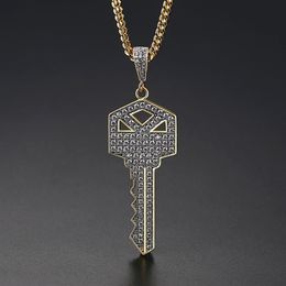 New Men's Key Style Pendant Necklace Ice Out Cubic Zircon Gold Colour Fashion Rock Street Hip Hop Jewellery With Chain For Gift280o