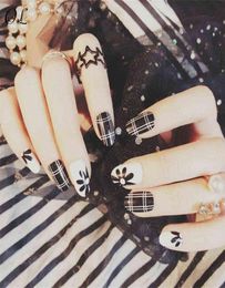 24 Pcs Press On Nails With Glue Sticker High Quality False Elegant Black White Lattice And Flower Oval Short Beautiful 1780518