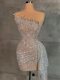 Luxury Silver Short Prom Party Dress 2024 Beading Sequined Pleated Homecoming Cocktail Dresses Cestidos De Graduacion