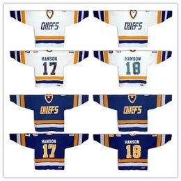 Mens Womens Youth Hanson Brothers Charlestown Chiefs 17 Steve Hanson 18 Jeff Hanson Hockey Jersey Blue White Slap Shot Movie Size S-5Xl 33