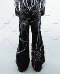 Women s Tracksuits 2023 American trendy washed spider web striped wide leg pants men Y2K Gothic rock loose high waisted straight leg 231219