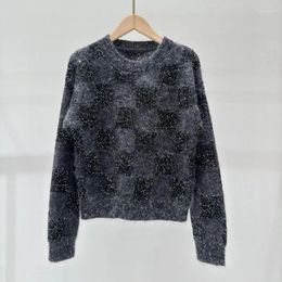 Women's Sweaters Sequin Checkerboard Knitted Sweater Women Mohair Wool Outer Loose Top Autumn And Winter