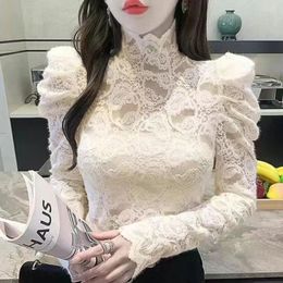 Women s Sweaters Elegant Turtleneck Folds Ruffles Hollow Out Lace Blouse Women Clothing 2023 Autumn Casual Pullovers Puff Sleeve Korean Shirt 231219