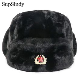 Trapper Hats SupSindy Soviet Badge Ushanka Men Women Bomber CCCP Army Pilot Trooper Hat Winter Faux Rabbit Fur Earflap Snow Caps 231219