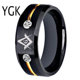 Band Rings Tungsten Carbide Vacuum Plating Black Golden Line With White Stones Mason Masonic Ring Anniversary Gift 231218