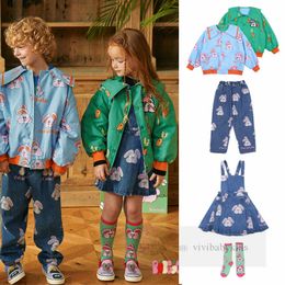 2024 Spring girls rabbit printed jacket kids reversible lapel long sleeve outwear children cartoon pleated denim suspender dress Z6151