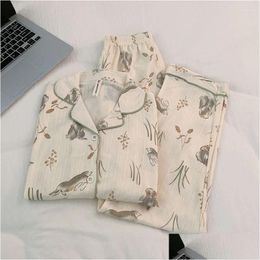 Womens Sleepwear Japanese Cotton Long Sleeve Pyjamas Spring And Autumn 2023 Cartoon Ins Internet Style Home Clothes Two-Piece Drop Del Dhhsy