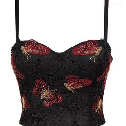 Women's Tanks Beading Camisole Butterfly Pattern Embroidered Chest Wrapped Tube Top Bustier Bra Sexy Short Crop Vest Tops For Women Y1612