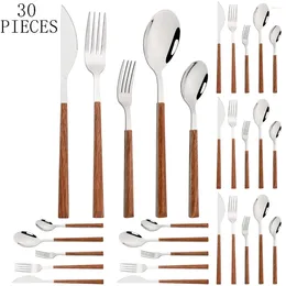 Dinnerware Sets 6people Brown Silver Set Imitation Wooden Handle Cutlery Knife Fork Tea Spoons Tableware Stainless Steel Flatware