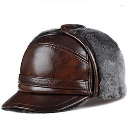 Berets Berets Ry0201 Male Winter Warm Ear Protection Bomber Hat Man Genuine Leather Faux Fur Inside Black/Brown Tra Large Size 54-62Cm Dhmj5