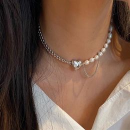 Gothic Baroque Pearl Heart Pendant Choker Necklace For Women Wedding Punk Bead Lariat Gold Colour Long Chain Chains2843