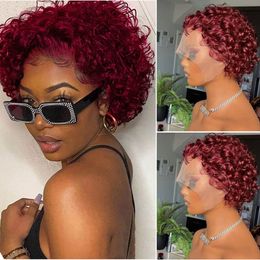 Pixie Cut Wig #99J Burgundy Curly Lace Front Wigs Human Hair Short Curly Bob Wig 13x1 Lace Front for Black Women Pre Plucked Coloured Glueless 6 Inch