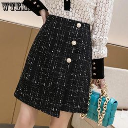 Dresses Wtempo Pearls Buttons Plaid Tweed Skirts Women High Waist Pencil Black Wool Mini Skirt Autumn Winter Vintage Office Plus Size