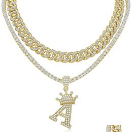 Pendant Necklaces Wfyou Cuban Link Chain For Women Crown Gold Initial Necklace 18K Plated Alphabet Letter Choker Hip Hop Diamond Cus Dhxdz