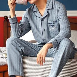 Men's Sleepwear Spring 100 Cotton Pajamas Men Lounge Blue Plaid Pijama Man'S Warm Bedgown Home Clothes Pj Pure Hombre Invierno 231219