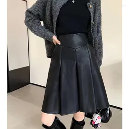 Skirts PU Leather Skirt Women 2023 Autumn Winter Short Pleated Korean-Style Slim Fit High Waist Black Apricot 4XL