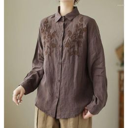 Women's Blouses Vintage Fashion Embroidery Spliced Long Sleeve Shirt Clothing Casual All-match Loose Solid Colour Single-breasted Blouse