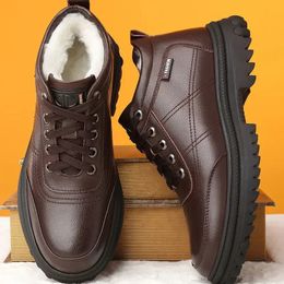 Dress Shoes Leather Wool Men's Cotton Plus Cashmere Warm Real Cow High Top Thick Sole Nonslip Snow Boots 231218