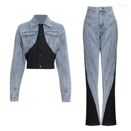 Women's Pants Fashion Slim Denim Jacket Women Jeans High Waist Black Blue Patchwork Long Pencil Female Two Piece Set GF895