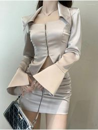 Work Dresses Hikigawa Chic Fashion Long Sleeve Turn Down Collar Women Tops Slim Sweet All Match Sexy Skirts Spring 2 Set Ropa Mujer