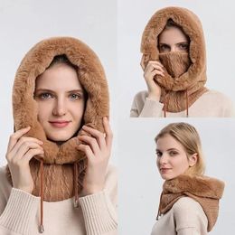 Wide Brim Hats Bucket Winter Fur Cap Mask Set Hooded for Women Knitted Cashmere Neck Warm Balaclava Ski Windproof Hat Thick Plush Fluffy Beanies hood 231218