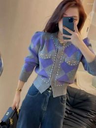 Women's Knits WDMSNA Purple Diamond Patterned Cardigan For Women Autumn Lazy Round Neck Short Knitted Sweater Jacket Cropped