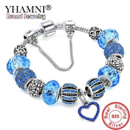 YHAMNI Original Solid 925 Silver Blue Charm Bracelet Bangle with Love and Flower Crystal Beads Safety Chain Bracelet For Women HB0284x