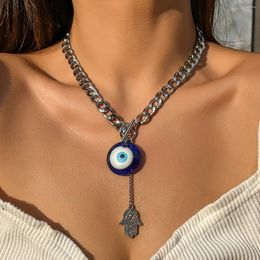 Pendant Necklaces Lacteo Trendy Silver Color Cuban Chain Necklace Blue Eye Pattern Big Beads Choker Women Fashion Jewelry Collar Party