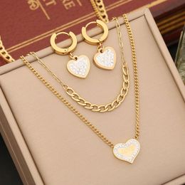 New Arrival Gold Plated Stainless Steel Diamond Love Necklace Heart Drop Earrings Jewellery Set for Women