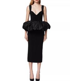 Classy Short Black Crepe Evening Dresses With Slit/Taffeta Peplum Mermaid V-Neck Regular Straps Prom Dress Party Dresses for Women