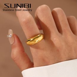 Band Rings SUNIBI Stainless Steel Ring for Women Gold Color Smooth Curved Geometry Couple Anniversary Fashion Jewelry Wholesale 231219