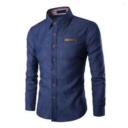 Men's Casual Shirts Men Shirt Solid Colour Single-breasted Spring Autumn Plaid Patchwork Slim-fitting Jeans For Office