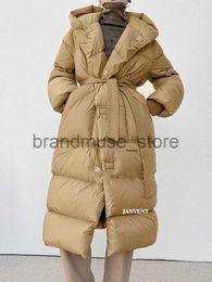 Women's Down Parkas Janveny 2022 New Oversized Hooded Winter Puffer Jacket Women Solid Thick Warm Sashes Tie Up White Duck Down Over The Knee Coat J231219